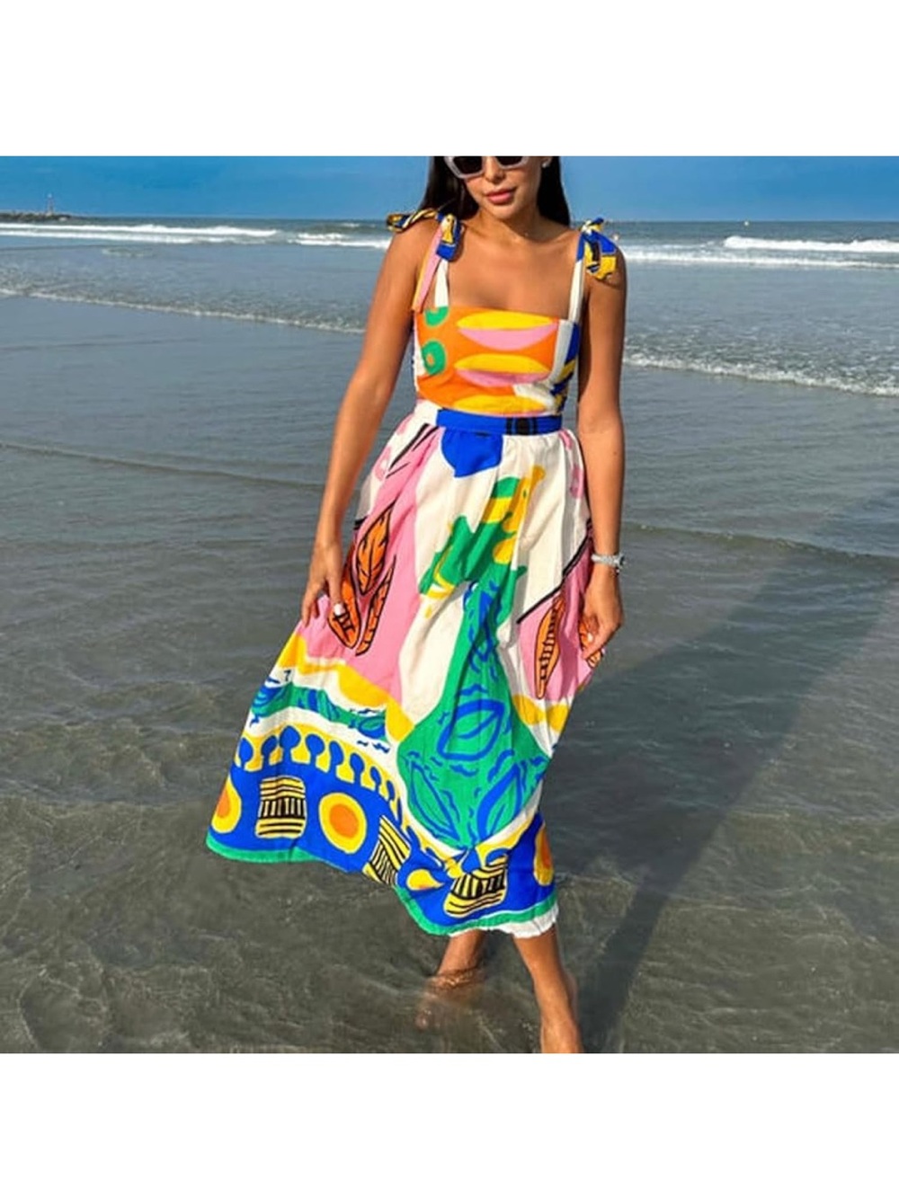 Vibrant Multicolor Tie-Shoulder Maxi Dress